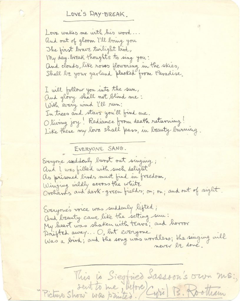 Love's Day-Break by Siegfried Sasson - a poem, the original manuscript.